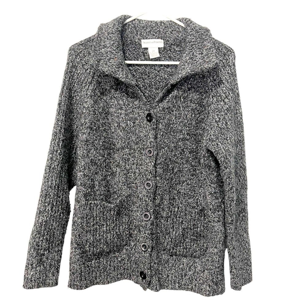 Draper's & Damon's PM Grey Cardigan Button Front Marled Knit Collared Cozy